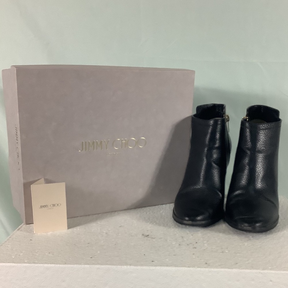 Jimmy Choo Black Pebbled Leather Patent Block Heel Ankle Boots Size 39 Italy